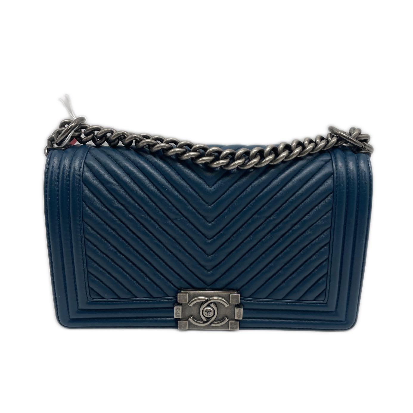 Chanel Quilted Chevron Wrinkled Boy Flap Bag Old Medium Navy Blue (20***32) cc658