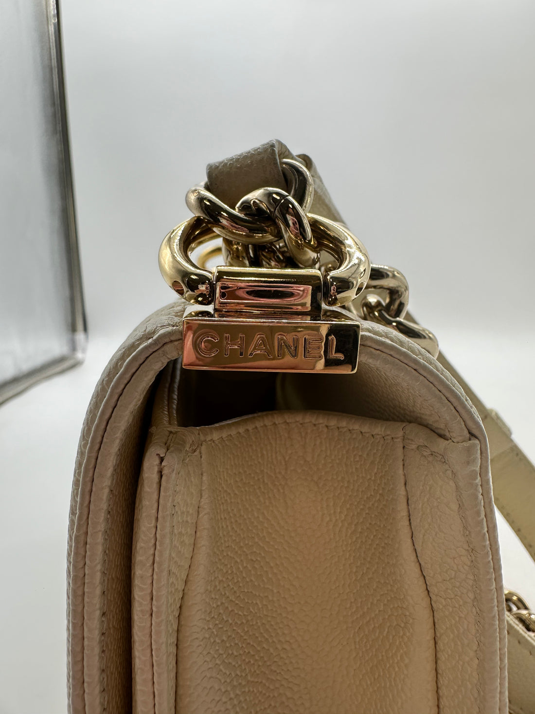 Chanel Quilted Caviar Flap Small Boy Bag Microchip White/Gold CC500