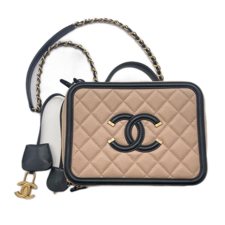 Chanel Quilted Caviar Vanity Case Medium Filigree Beige CC561