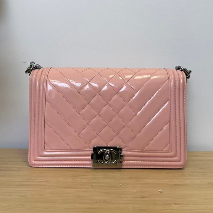 Chanel Quilted Patent Leather Flap New Medium Boy Pink (19***18) CC837