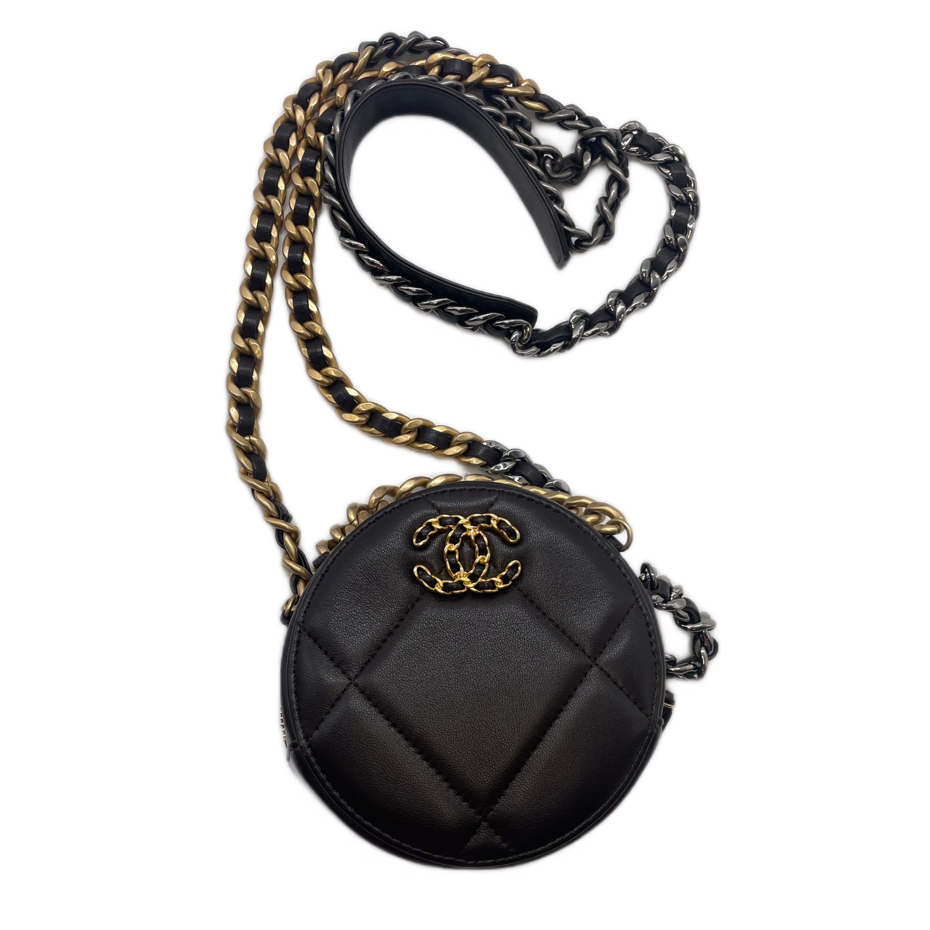 Chanel Round 19 Lambskin Quilted Clutch Crossbody Brown (31***26) CC542