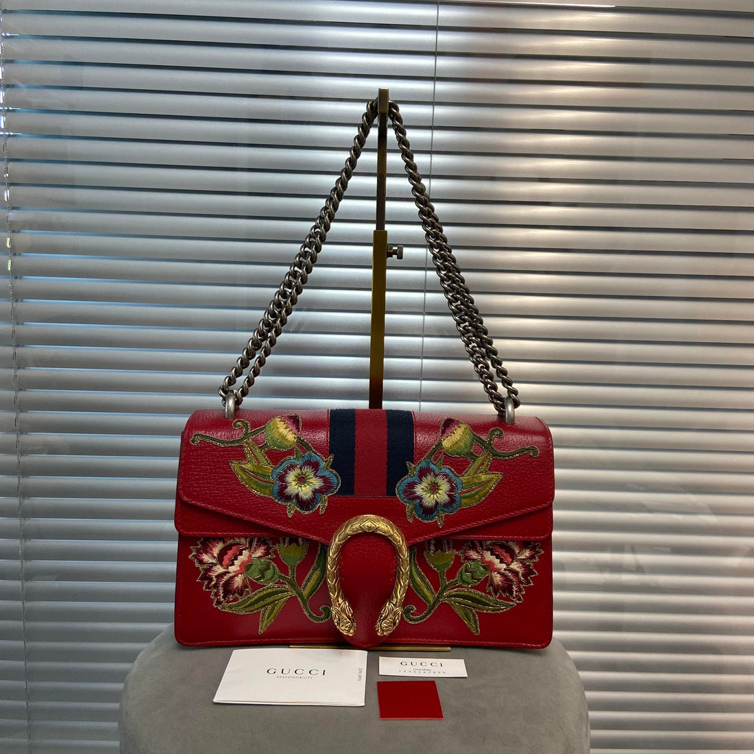 Gucci Calfskin Web Floral Embroidered Small Dionysus Hibiscus Red