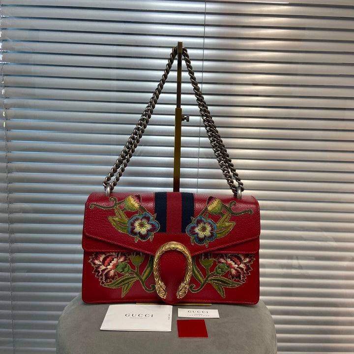 Gucci Calfskin Web Floral Embroidered Small Dionysus Hibiscus Red
