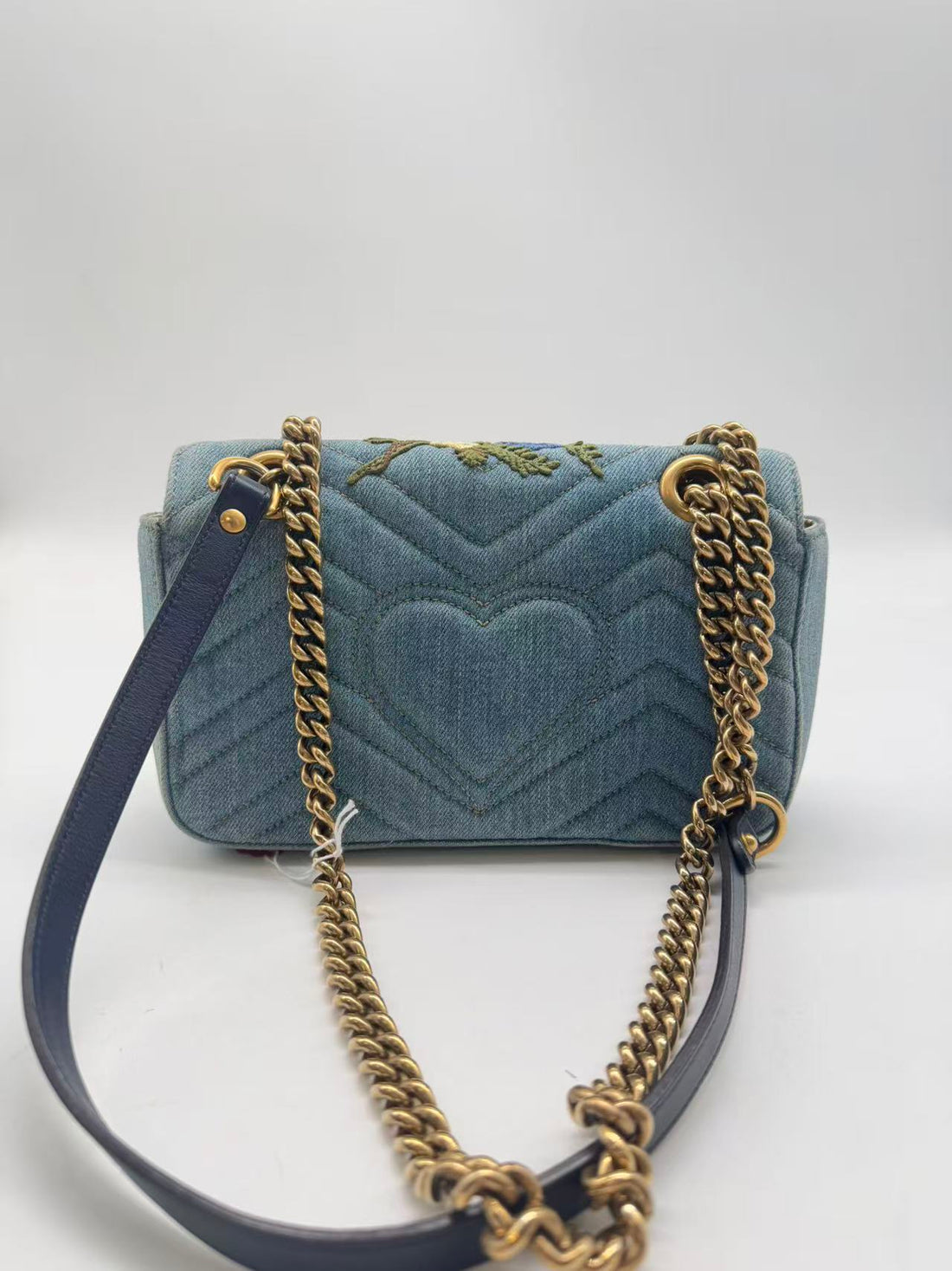 Gucci GG Marmont Flap Bag Embroidered Matelasse Denim Mini GG485