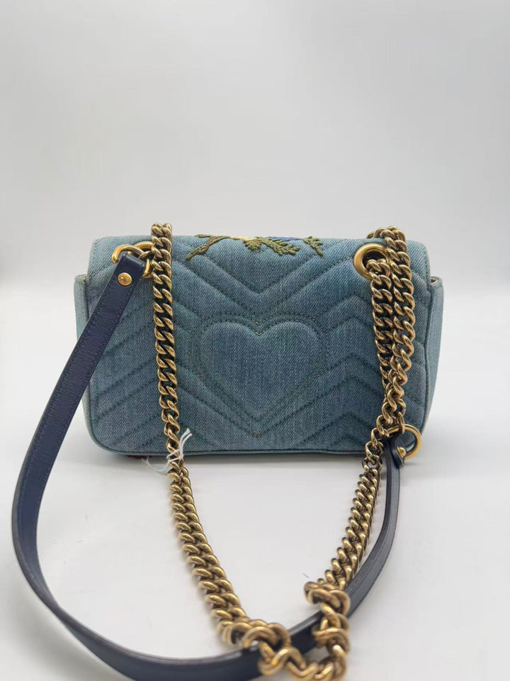 Gucci GG Marmont Flap Bag Embroidered Matelasse Denim Mini GG485