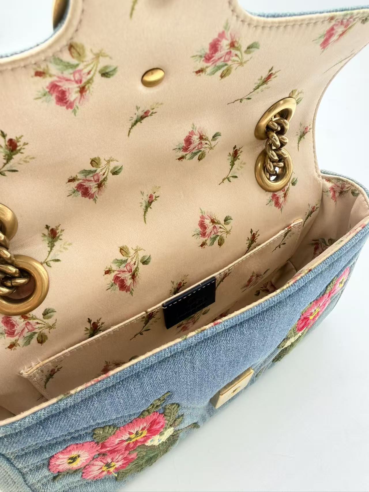 Gucci GG Marmont Flap Bag Embroidered Matelasse Denim Mini GG485