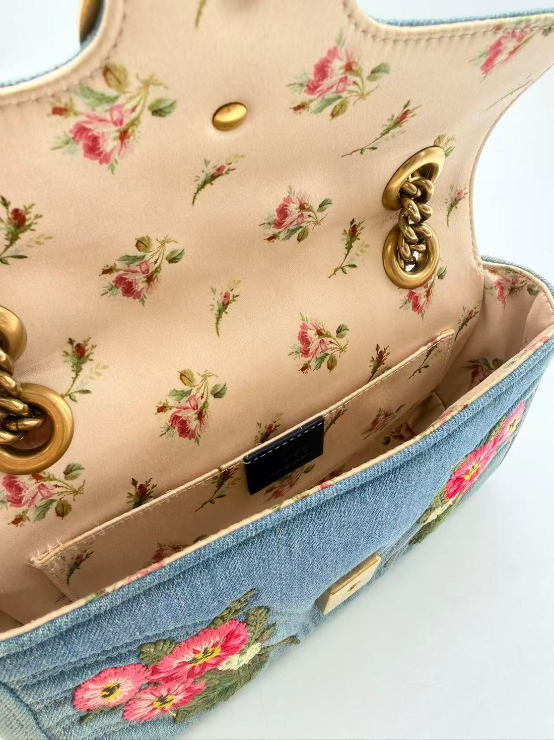 Gucci GG Marmont Flap Bag Embroidered Matelasse Denim Mini GG485